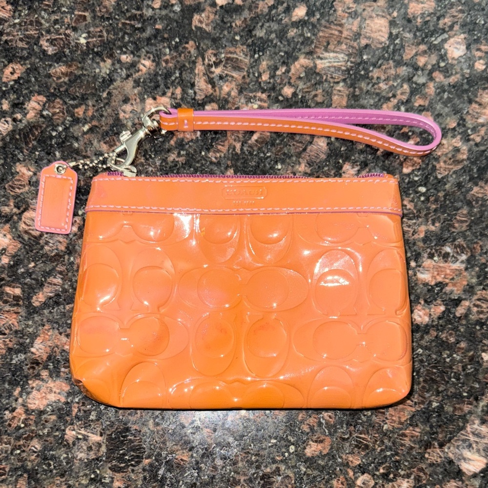Coach Brown/Orange Wristlet with Purple Accent